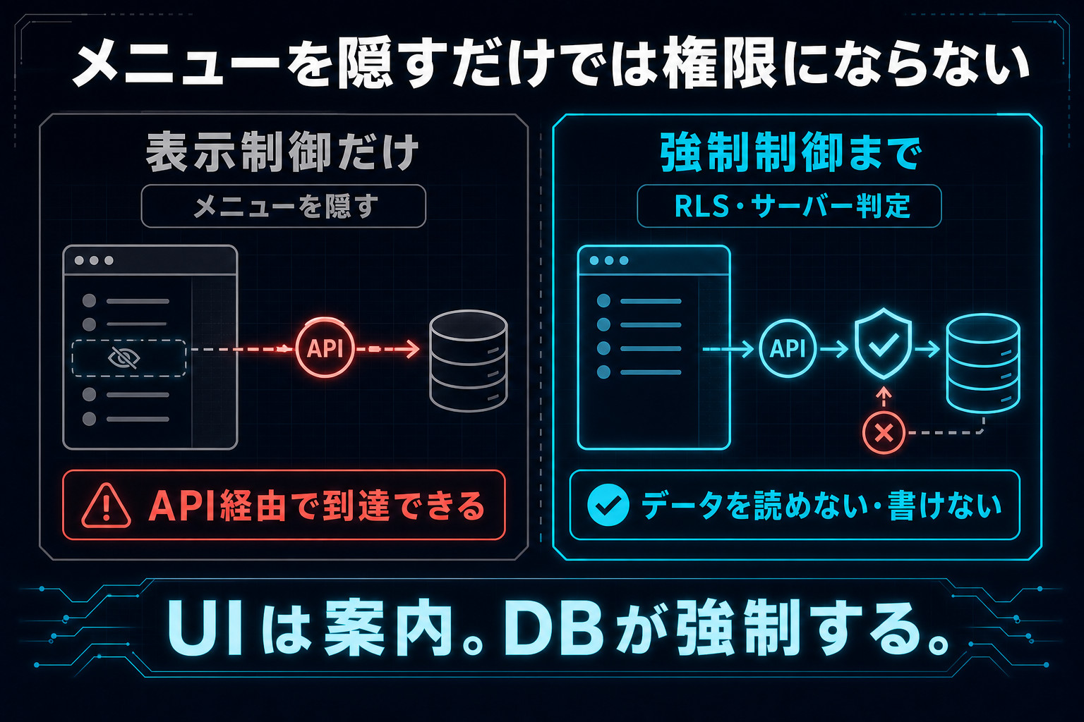 メニューの表示制御だけではAPI経由でデータへ到達できる一方、RLSとサーバー判定ではデータアクセス自体を拒否できることを比較した図