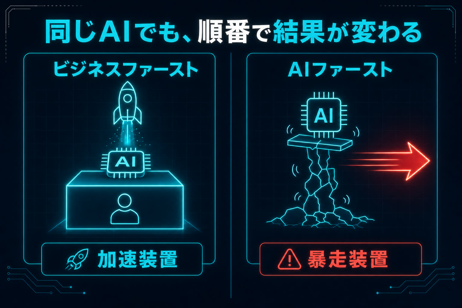 「誰の何を解決するか」という土台の上にAIを載せると加速装置になり、土台のないAIファーストだと間違った方向に高速で進むだけになることを対比した図解