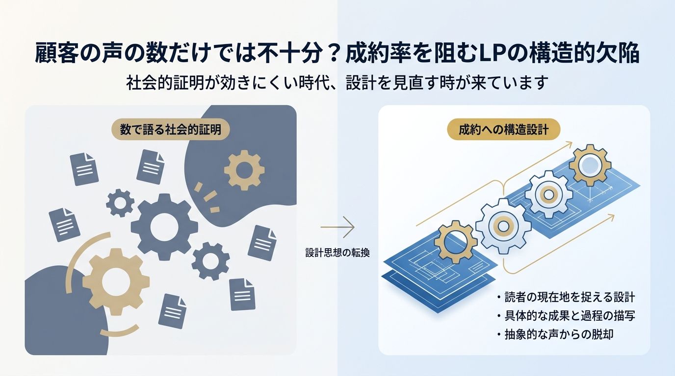 『顧客の声』を30個並べても、なぜ成約率は1%のままなのか ── 社会的証明が効かない時代のLP設計
